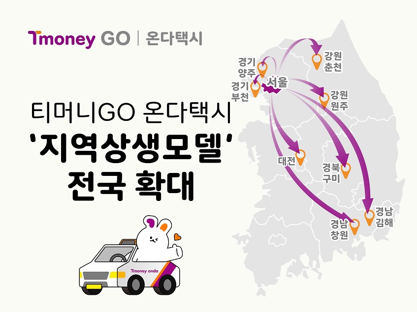 Tmoney GO | 온다택시. 티머니GO 온다택시 '지역상생모델' 전국 확대. 서울, 경기 양주, 경기 부천, 강원 춘천, 강원 원주, 대전, 경북 구미, 경남 창원, 경남 김해