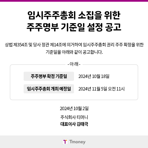 임시주주총회 소집을 위한 주주명부 기준일 설정 공고. 상법 제354조 및 당사 정관 제14조에 의거하여 임시주주총회 권리 주주 확정을 위한 기준일을 아래와 같이 공고합니다. -아래- 주주명부 확정 기준일: 2024년 10월 18일. 임시주주총회 개최 예정일: 2024년 11월 5일 오전 11시. 2024년 10월 2일 주식회사 티머니 대표이사 김태극. Tmoney