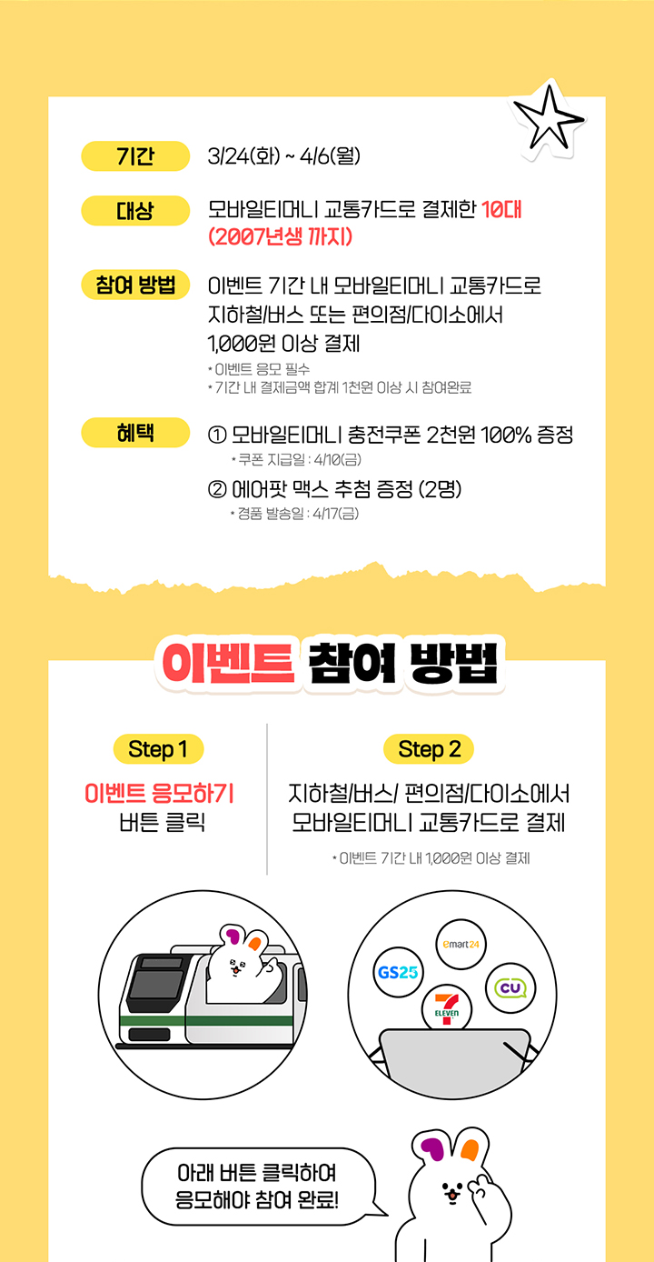 기간 3/24(화) ~ 4/6(월) 대상 모바일티머니 교통카드로 결제한 10대 (2007년생 까지) 참여 방법 이벤트 기간 내 모바일티머니 교통카드로 지하철/버스 또는 편의점/다이소에서 1,000원 이상 결제 이벤트 응모 필수 기간 내 결제금액 합계 1천원 이상 시 참여완료 혜택 1 모바일티머니 충전쿠폰 2천원 100% 증정 쿠폰 지급일 4/10(금) 2 에어팟 맥스 추첨 증정 (2명) 경품 발송일 4/17(금) 이벤트 참여 방법 Step 1 이벤트 응모하기 버튼 클릭 Step 2 지하철/버스/ 편의점/다이소에서 모바일티머니 교통카드로 결제 이벤트 기간 내 1,000원 이상 결제 GS25 emart24 CU 7-ELEVEN 아래 버튼 클릭하여 응모해야 참여 완료!