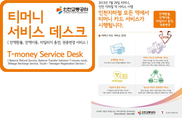 인천교통공사 티머니 서비스 데스크 (잔액환불, 잔액이동, 마일리지 충전, 권종변경 서비스) T-money Service Desk (Balance Refund Service, Balance Transfer between T-money cards, Mileage Recharge Service, Youth - Teenager Registration Service) 2013년 7월 29일 티머니, 인천 지하철 역 서비스 시행 인천지하철 모든 역에서 티머니 카드 서비스가 시행됩니다. 티머니 카드 서비스 안내 티머니 카드 잔액 환불 및 잔액이동 서비스 티머니 카드의 남은 잔액을 현금으로 돌려받거나 다른 카드로 옮기실 수 있습니다. 마일리지 서비스 마일리지 충전 및 적립이 가능합니다. 권종변경 서비스 일반카드를 청소년카드로 변경 가능합니다. ※ 티머니 사업자(한국스마트카드)의 고객센터로 연락하시기 바랍니다. 고객문의처: 티머니 고객센터 1644-0088 인천교통공사 한국스마트카드