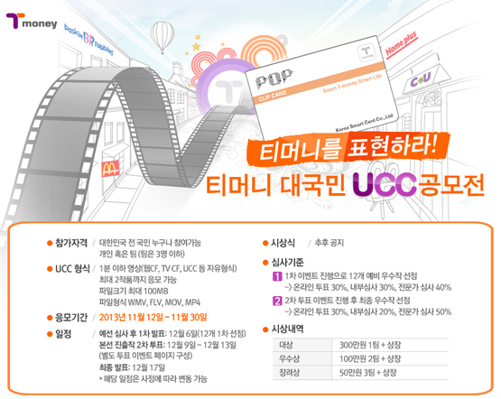 티머니를 표현하라! 티머니 대국민 UCC 공모전 ■ 참가자격: 대한민국 전 국민 누구나 참여 가능, 개인 혹은 팀 단위 (3인 이하) ■ UCC 형식: 1분 이내 영상작품 (TV CF, UCC 등 자유형식) 해상도 640x480 이상, 프레임 25fps 파일크기 최대 100MB 파일형식 WMV, FLV, MOV, MP4 ■ 응모기간: 2013년 11월 12일 ~ 11월 30일 ■ 일정: 예선 심사 및 발표 : 12월 6일 (온라인 1차 심사) 본선 진출작 온라인 게시 : 12월 9일 ~ 12월 13일 본선 심사 및 발표 : 12월 16일 ※ 상기 일정은 사정에 따라 변경 가능 ■ 시상식: 추후 공지 ■ 심사기준: 1차 이벤트 포스터와의 12개 예비 우수작 선정 예선심사(내부심사) 60% + 대국민 투표 심사 40% 2차 본선 진출 12개 작품 본선 심사 본선 심사(내부심사) 50% + 대국민 투표 심사 50% ■ 시상내역: 대상: 300만원 (1명/팀) 우수상: 100만원 (2명/팀) 장려상: 30만원 (3명/팀)