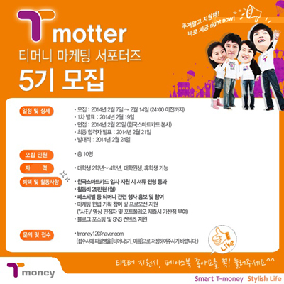 티머니 마케팅 서포터즈 5기 모집 일정 및 상세 모집 2014년 2월 7일부터 2월 14일(24:00 이전까지) 1차 발표 2014년 2월 19일 면접 2014년 2월 20일 한국스마트카드 본사  최종 합격자 발표 2014년 2월 21일 발대식 2014년 2월 24일 모집 인원 총 10명 자격 대학생 2학년~4학년, 대학원생, 휴학생 가능 혜택 및 활동사항 한국스마트카드 입사 지원시 서류 전형 통과, 활동비 25만원(월), 페스티벌 등 티머니 관련 생사 홍보 및 참여, 마케팅 현업 기획 참여 및 프로모션 지원(사진,영상 편집자 및 포트폴리오 제출시 가산점 부여), 블로그 포스팅 및 SNS 컨텐츠 지원 문의 및 접수 tmoney12@naver.com 접수 시 파일명을 티머니6기_이름으로 저장하여 주시기 바랍니다.