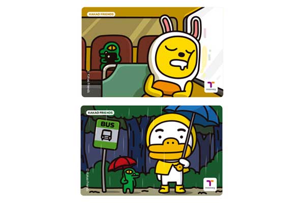 카카오프렌즈 캐릭터 중 '무지'와'튜브' 그리고 '콘'의 앙증맞은 표정으로 디자인 된 티머니카드