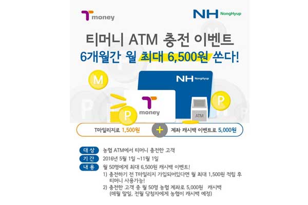 티머니 ATM 충전 이벤트 6개월간 월 최대 6,500원 쏜다! T마일리지로 1,500원 더하기 계좌 캐시백 이벤트로 5,000원 농협 ATM에서 티머니 충전한 고객 대상 2016년 5월 1일에서 11월 1일 까지 월 50명에게 최대 6,500원 캐시백 이벤트! 1. 충전하기 전 T마일리지 가입이 되어 있다면 월 최대 1,500원 적립 후 티머니 사용가능! 2. 충전한 고객 중 월 50명 농협 계좌로 5,000원 캐시맥 매월 말일, 전월 당첨자에게 농협이 캐시백 예정