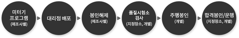 미터기 프로그램(제조사별) > 대리점 배포 > 봉인해제(제조사별) > 품질시험소 검사(지정장소, 개별) > 주행봉인(개별) > 합격봉인/운행(지정장소, 개별)